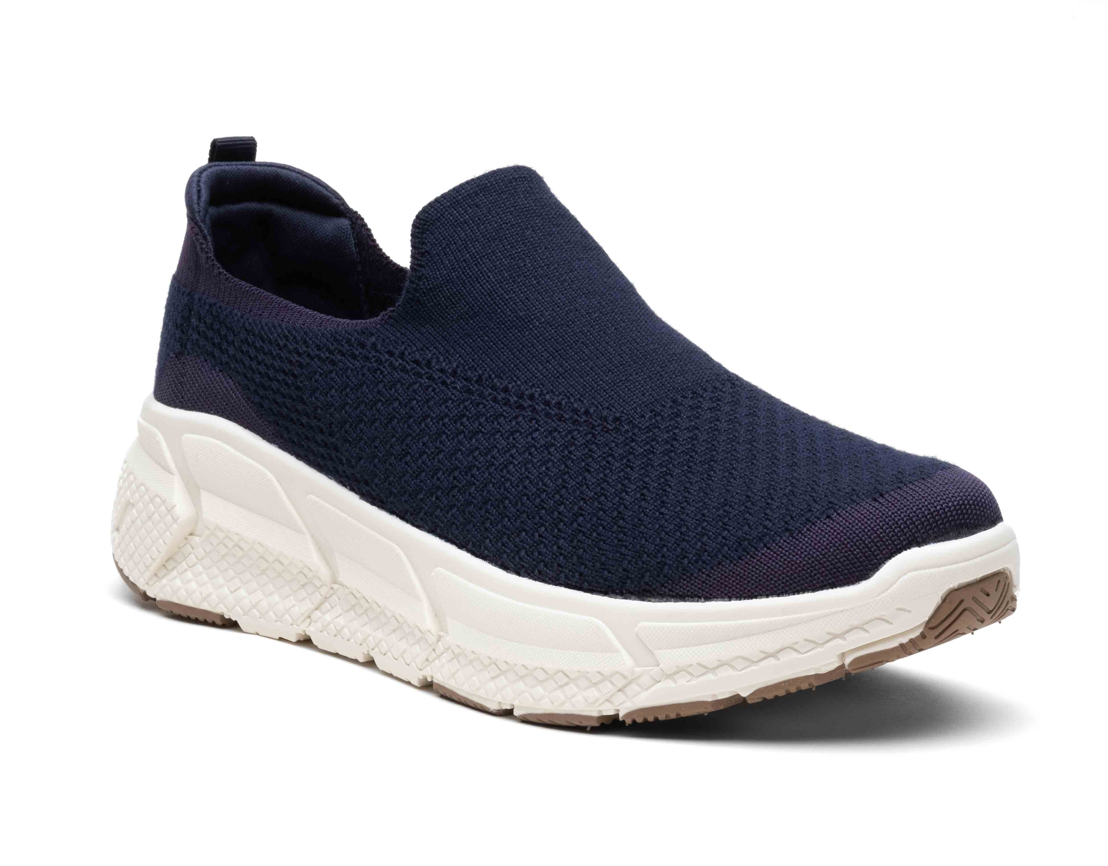 navy merino wool woolf with breathable fabric, white sole, and back pull tab for easy wear.