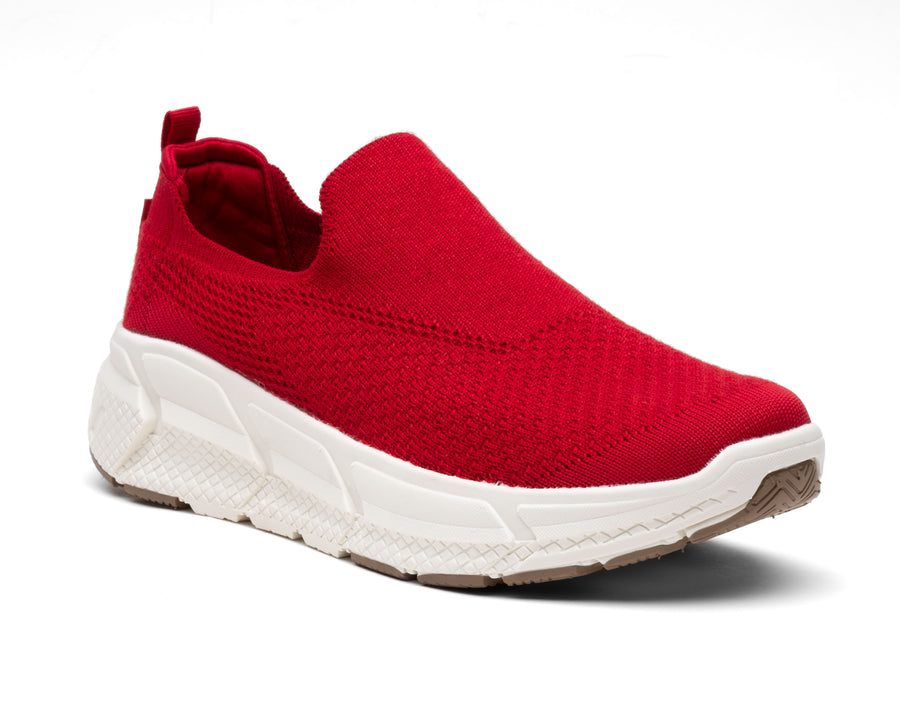 red merino wool woolf with breathable fabric, white sole, and back pull tab for easy wear.