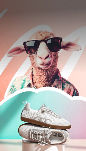 Sheep wearing sunglasses with a pair of white sneakers in front