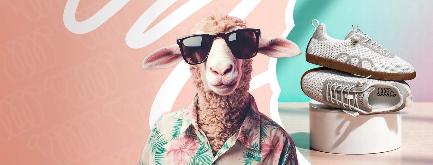 Sheep wearing sunglasses and a floral shirt with sneakers on a colorful background