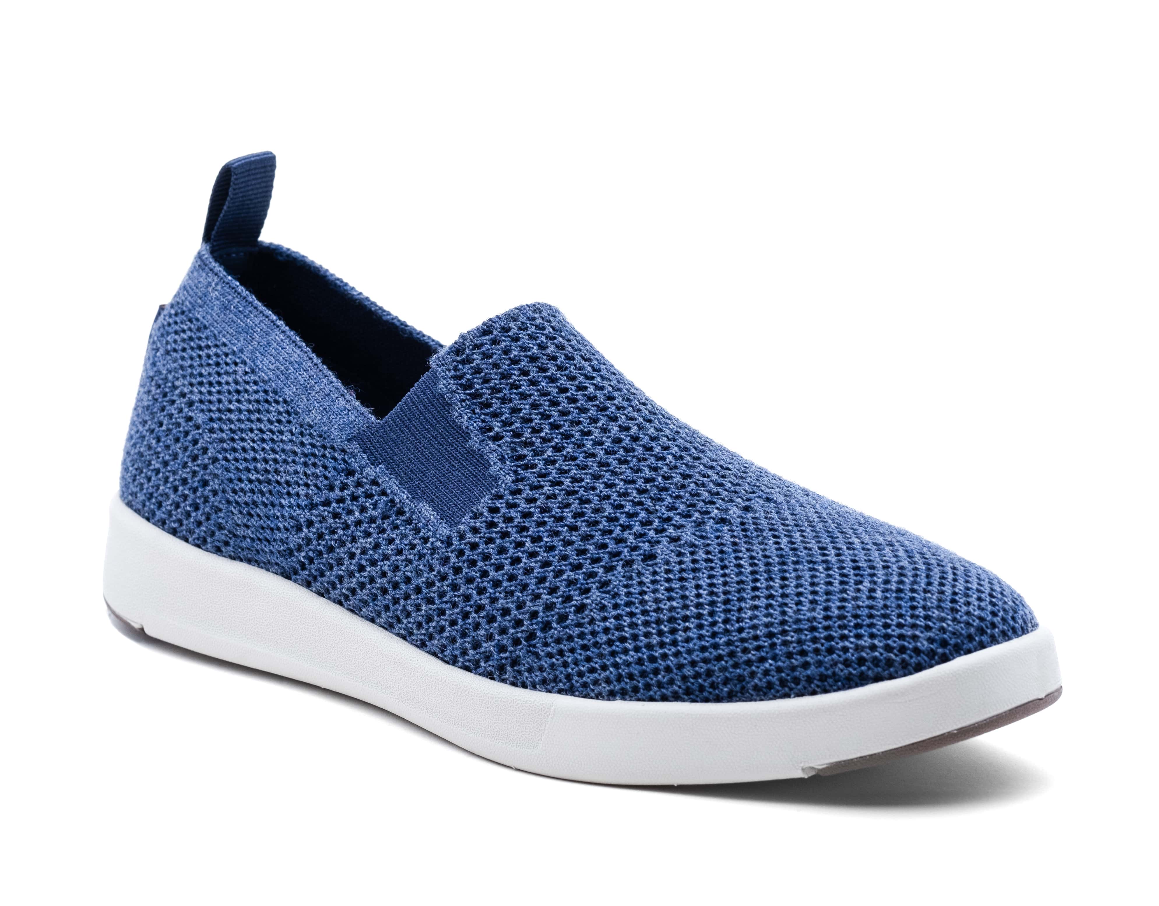 denim merino wool suffolk with breathable fabric, white sole, and back pull tab for easy wear.