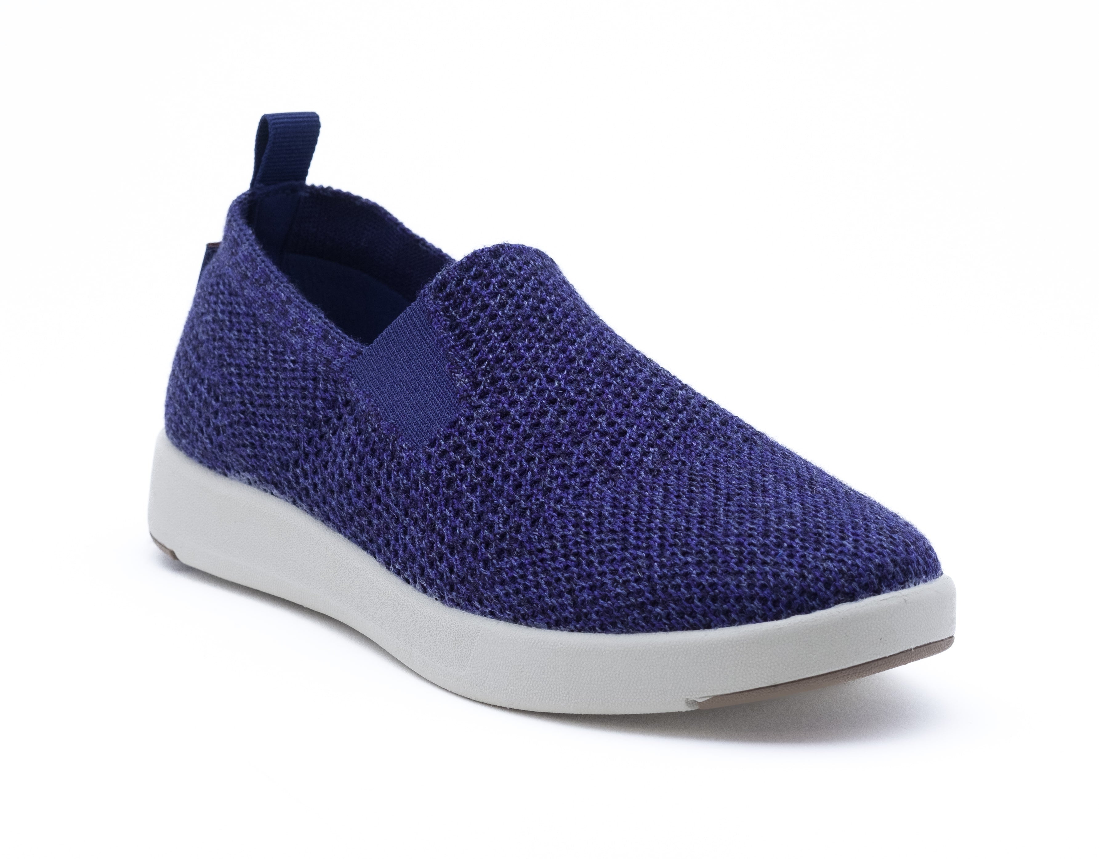 navy merino wool suffolk with breathable fabric, white sole, and back pull tab for easy wear.