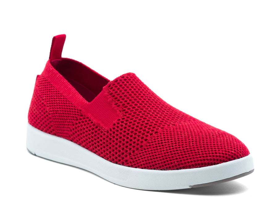 red merino wool suffolk with breathable fabric, white sole, and back pull tab for easy wear.