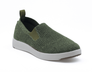 green suffolk shoe three-quarter angle breathable fabric, white sole, and back pull tab for easy wear